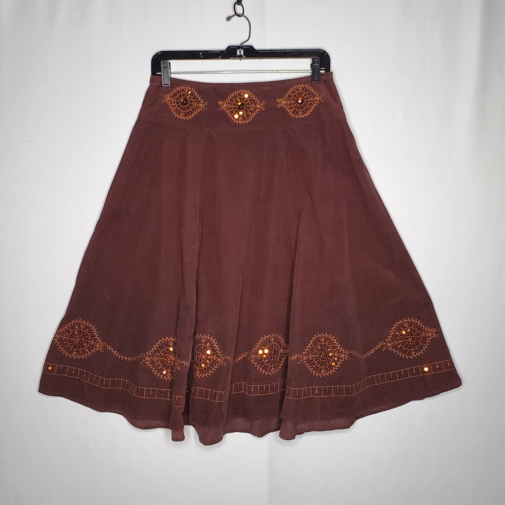 Relativity‎ Brown Corduroy Midi Skirt Women 8 Jewel Bead Cottage Country  Fairy